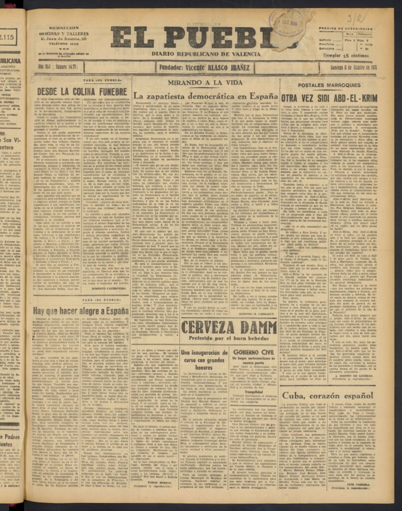 Miniatura de El Pueblo : Diario republicano de Valencia del 6 de octubre de 1935, nº 14.775