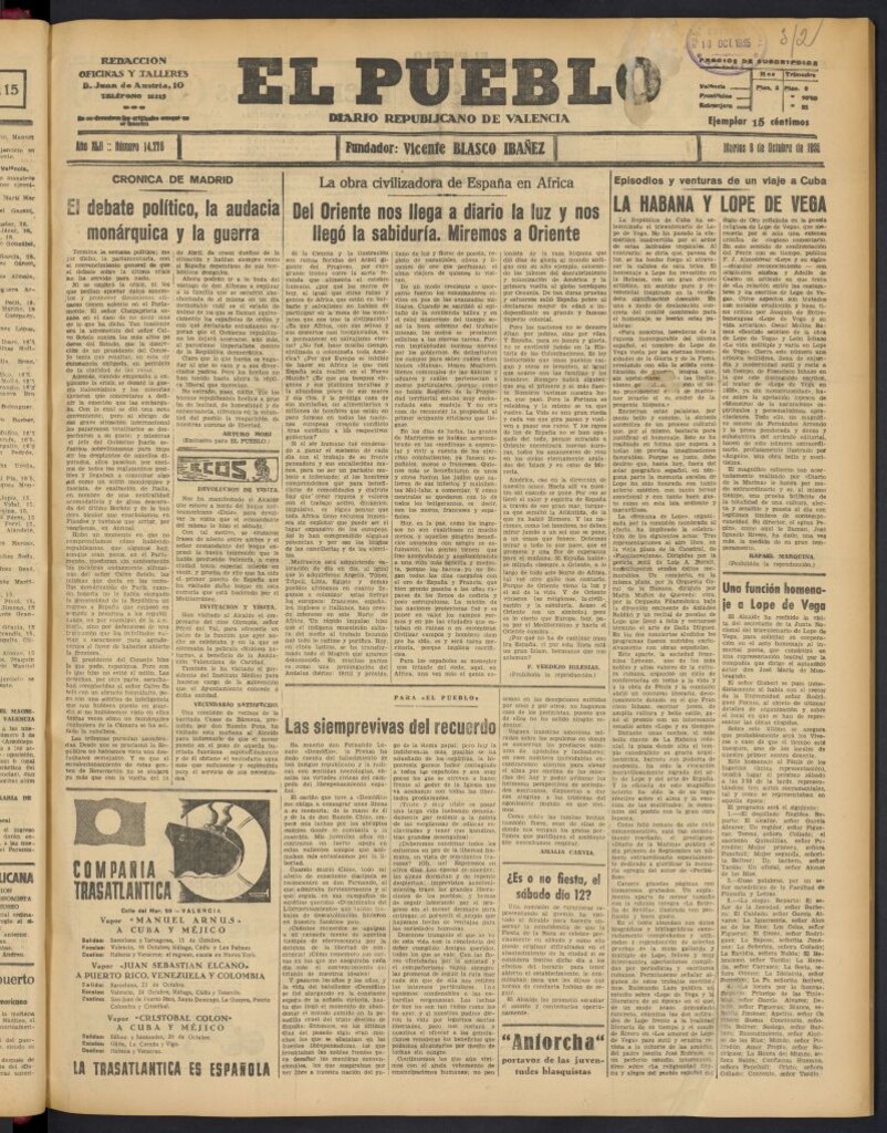 Miniatura de El Pueblo : Diario republicano de Valencia del 8 de octubre de 1935, nº 14.776
