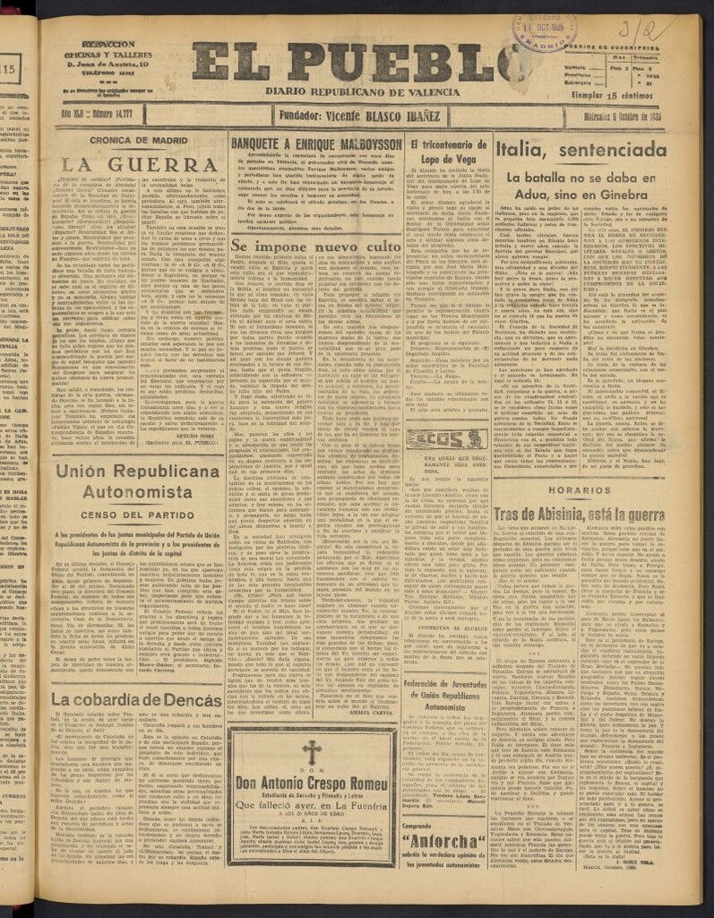 Miniatura de El Pueblo : Diario republicano de Valencia del 9 de octubre de 1935, nº 14.777