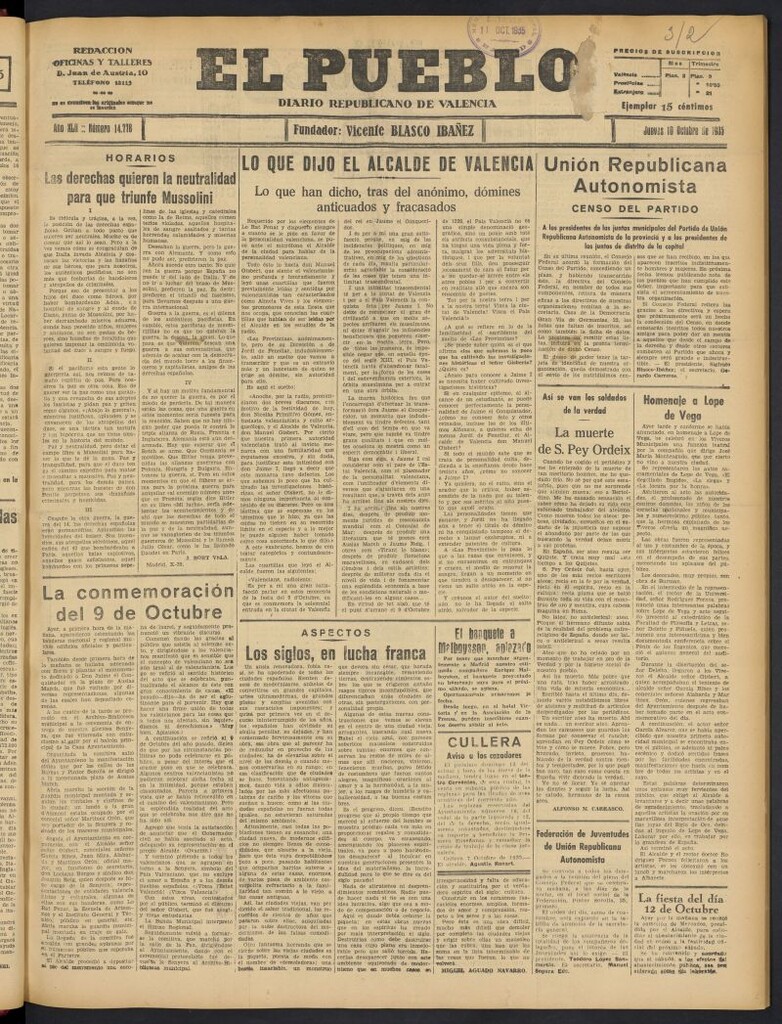 Miniatura de El Pueblo : Diario republicano de Valencia del 10 de octubre de 1935, nº 14.778