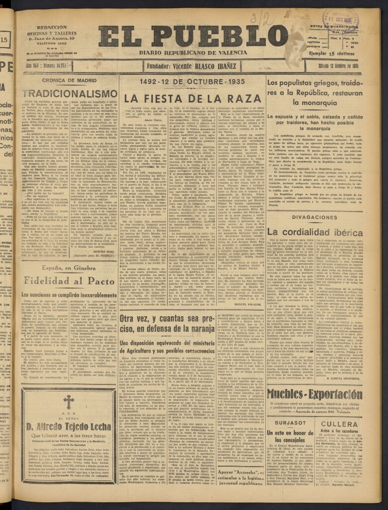 Miniatura de El Pueblo : Diario republicano de Valencia del 12 de octubre de 1935, nº 14.779 [sic]