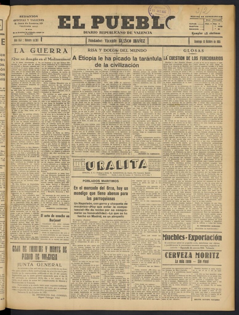Miniatura de El Pueblo : Diario republicano de Valencia del 13 de octubre de 1935, nº 14.780