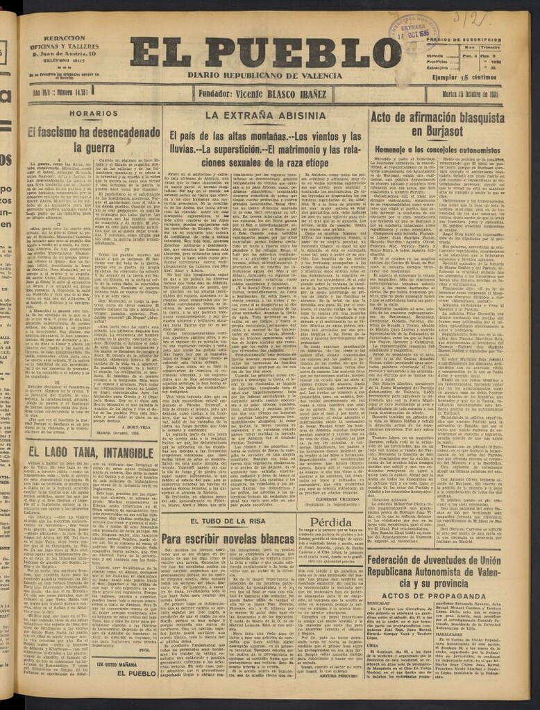 Miniatura de El Pueblo : Diario republicano de Valencia del 15 de octubre de 1935, nº 14.781