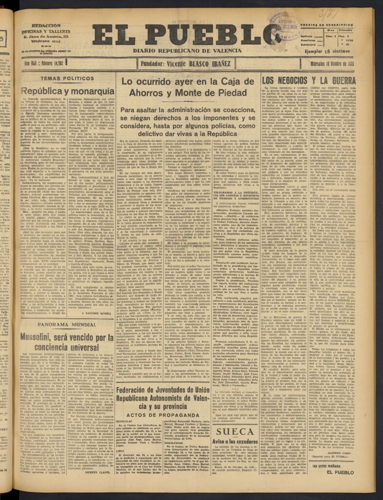 Miniatura de El Pueblo : Diario republicano de Valencia del 16 de octubre de 1935, nº 14.782