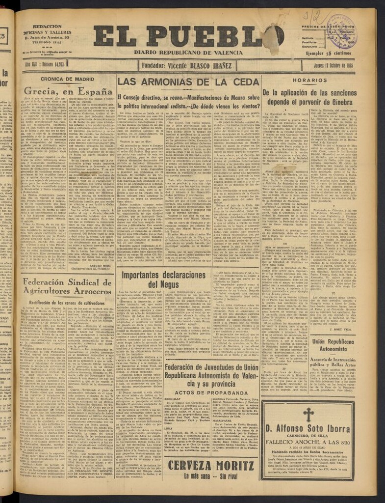 Miniatura de El Pueblo : Diario republicano de Valencia del 17 de octubre de 1935, nº 14.783