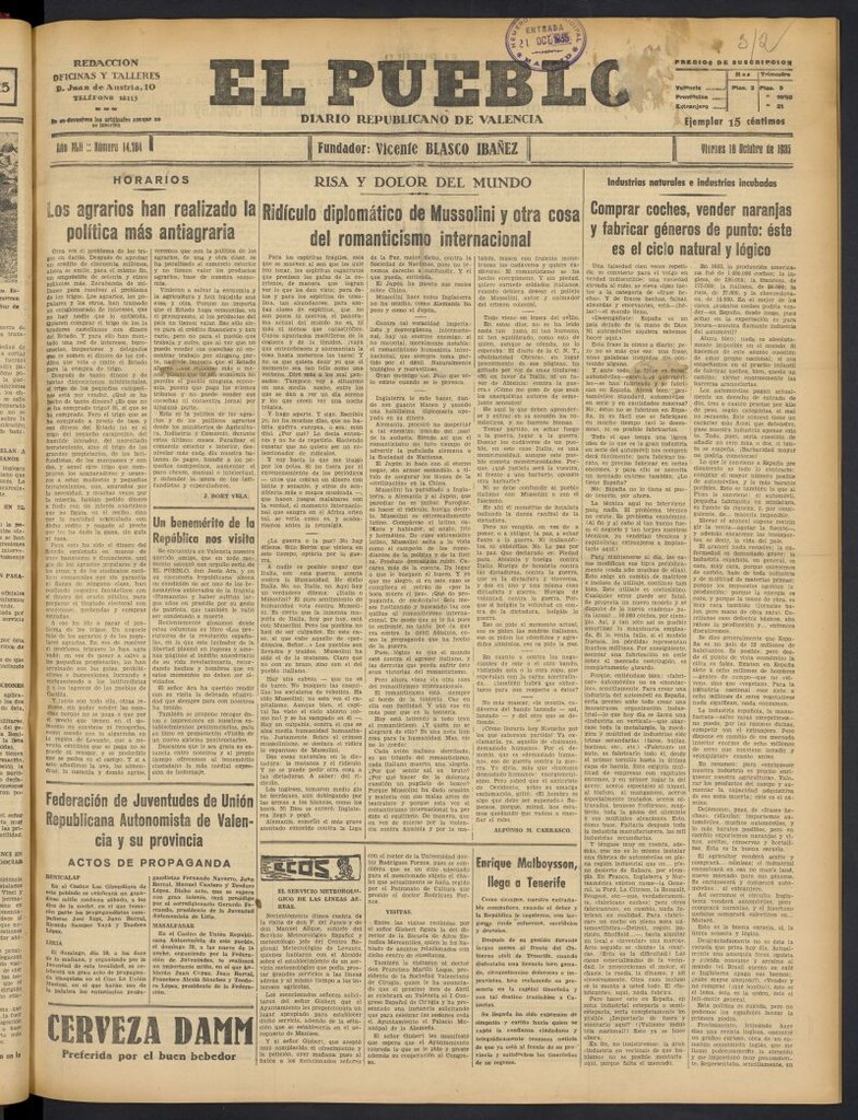 Miniatura de El Pueblo : Diario republicano de Valencia del 18 de octubre de 1935, nº 14.784