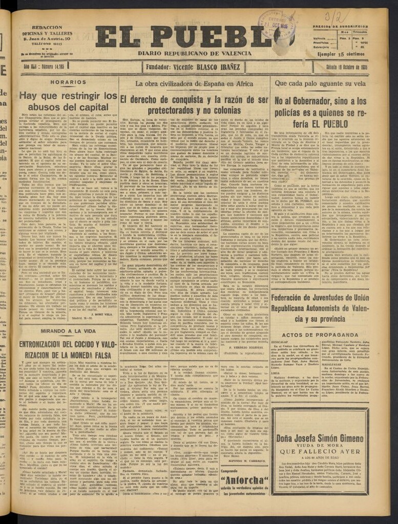Miniatura de El Pueblo : Diario republicano de Valencia del 19 de octubre de 1935, nº 14.785