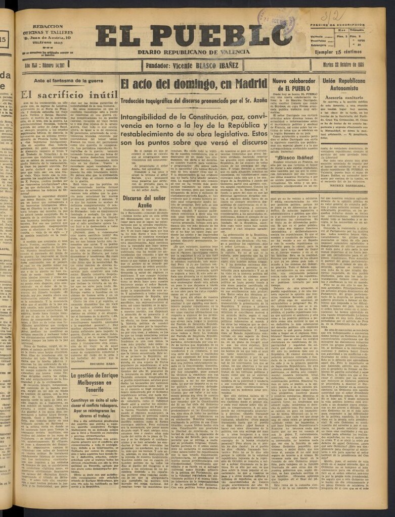 Miniatura de El Pueblo : Diario republicano de Valencia del 22 de octubre de 1935, nº 14.787