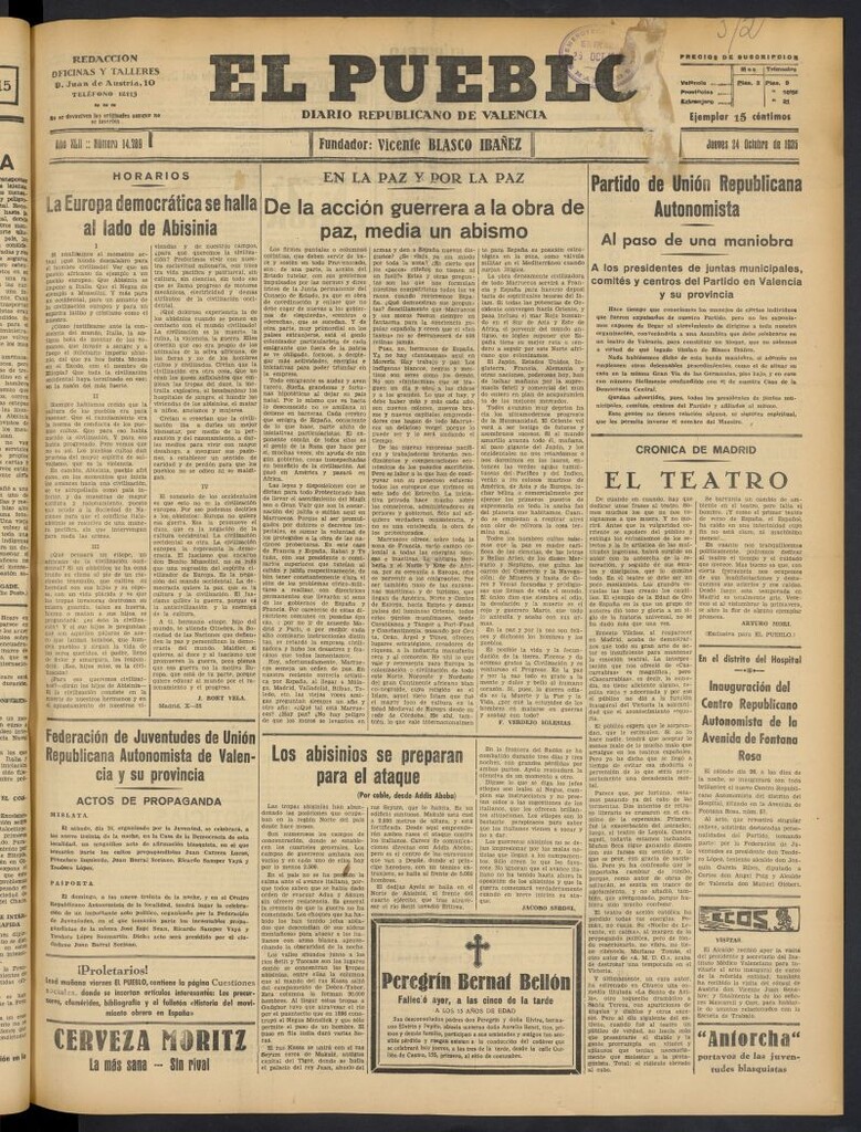 Miniatura de El Pueblo : Diario republicano de Valencia del 24 de octubre de 1935, nº 14.789