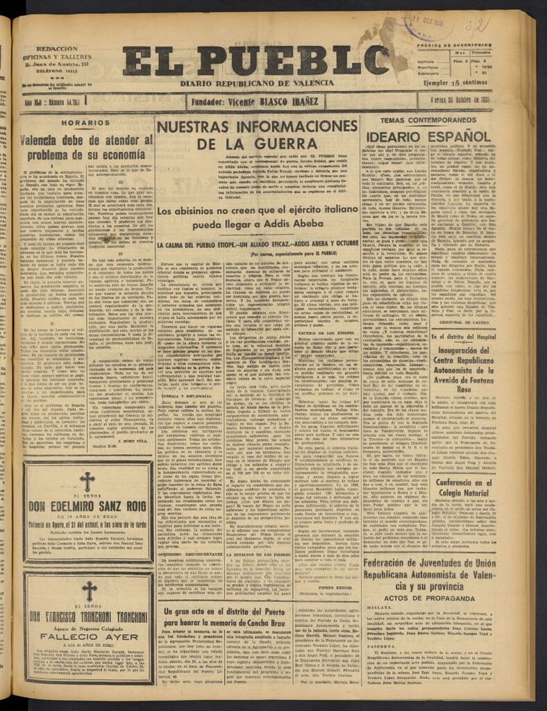 Miniatura de El Pueblo : Diario republicano de Valencia del 25 de octubre de 1935, nº 14.790