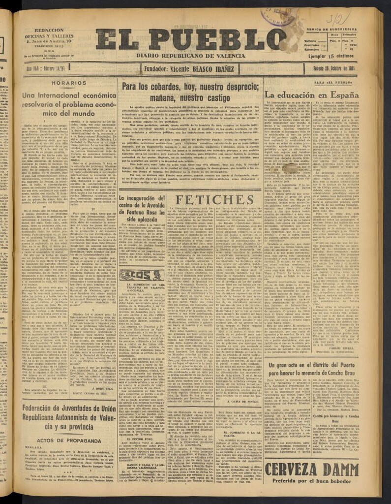 Miniatura de El Pueblo : Diario republicano de Valencia del 26 de octubre de 1935, nº 14.791