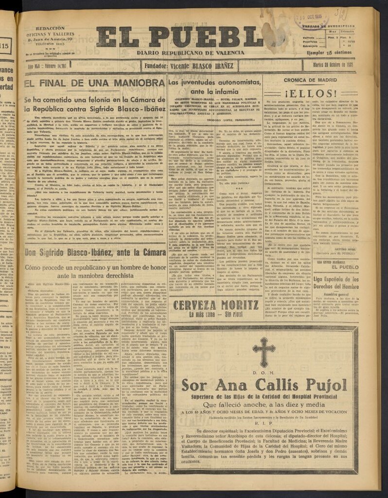 Miniatura de El Pueblo : Diario republicano de Valencia del 29 de octubre de 1935, nº 14.793