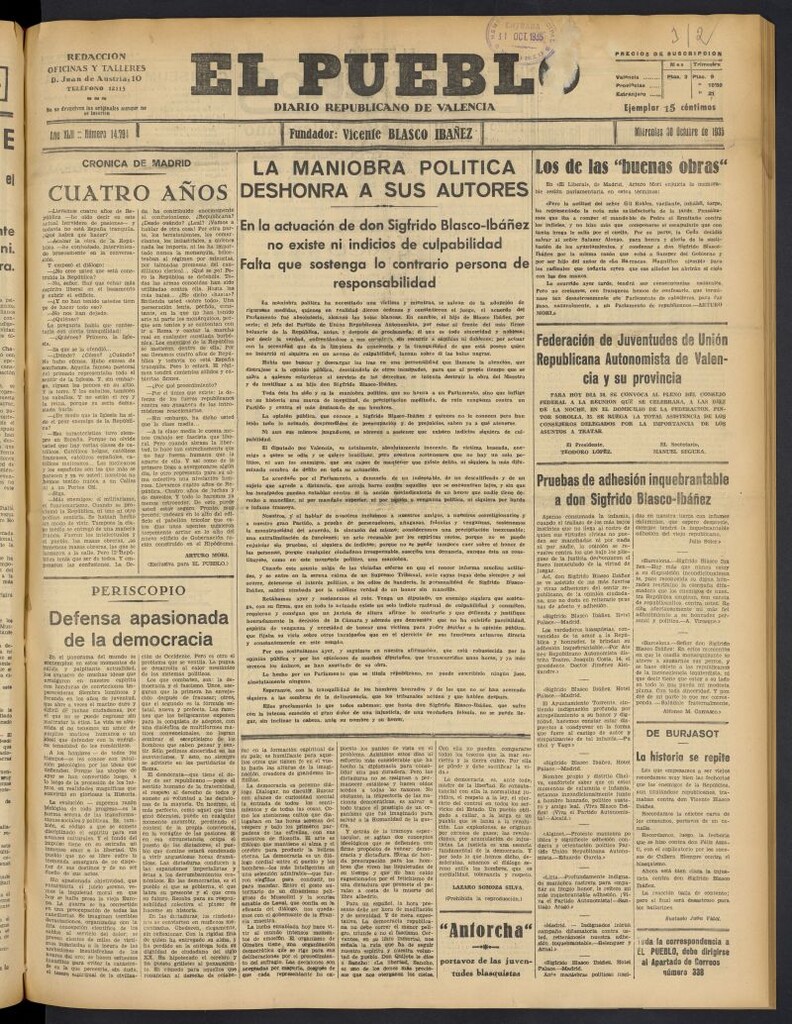 Miniatura de El Pueblo : Diario republicano de Valencia del 30 de octubre de 1935, nº 14.794