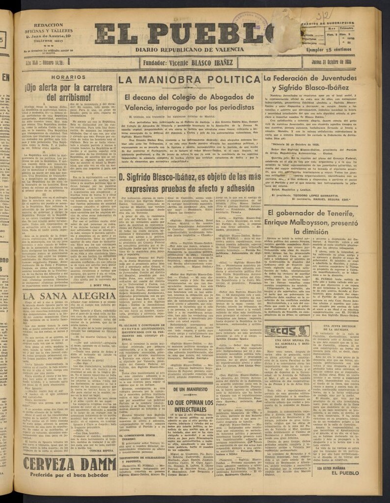 Miniatura de El Pueblo : Diario republicano de Valencia del 31 de octubre de 1935, nº 14.795