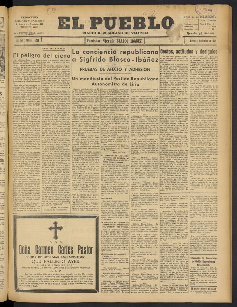 Miniatura de El Pueblo : Diario republicano de Valencia del 1 de noviembre de 1935, nº 14.796