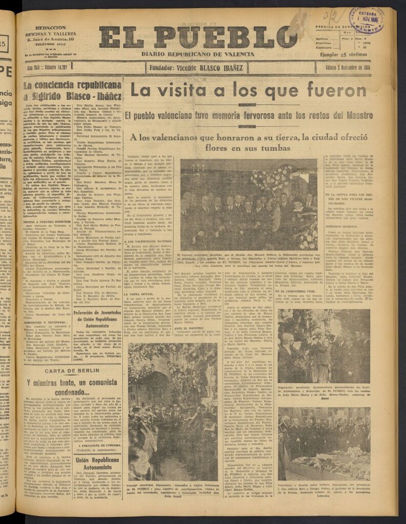 Miniatura de El Pueblo : Diario republicano de Valencia del 2 de noviembre de 1935, nº 14.797