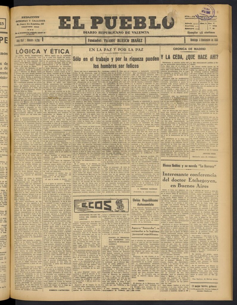Miniatura de El Pueblo : Diario republicano de Valencia del 3 de noviembre de 1935, nº 14.798