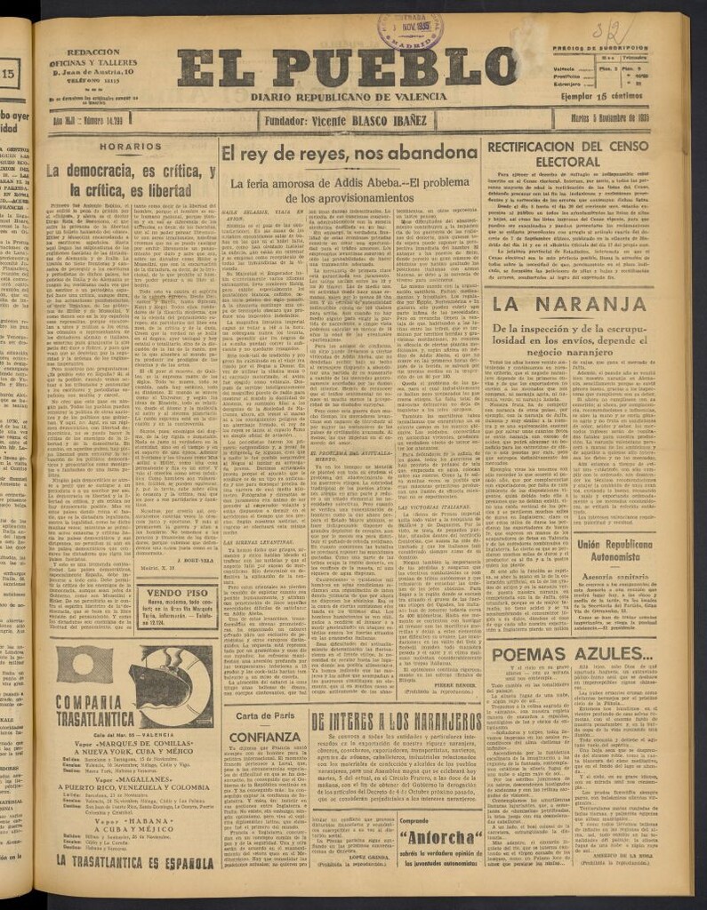 Miniatura de El Pueblo : Diario republicano de Valencia del 5 de noviembre de 1935, nº 14.799