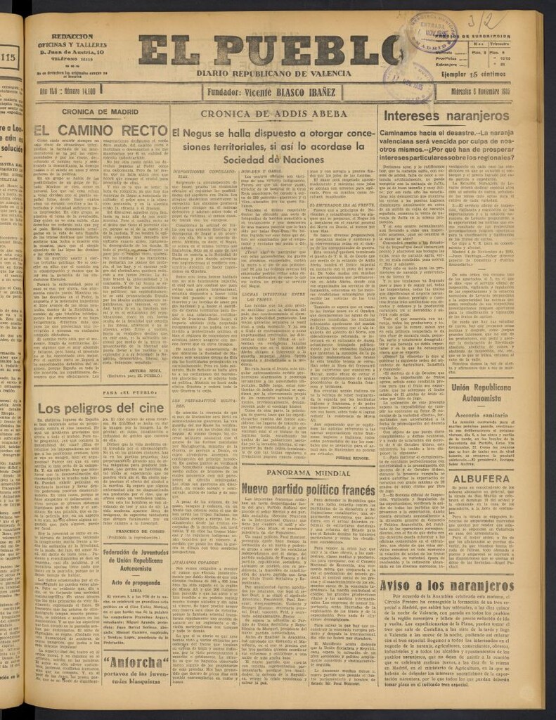Miniatura de El Pueblo : Diario republicano de Valencia del 6 de noviembre de 1935, nº 14.800