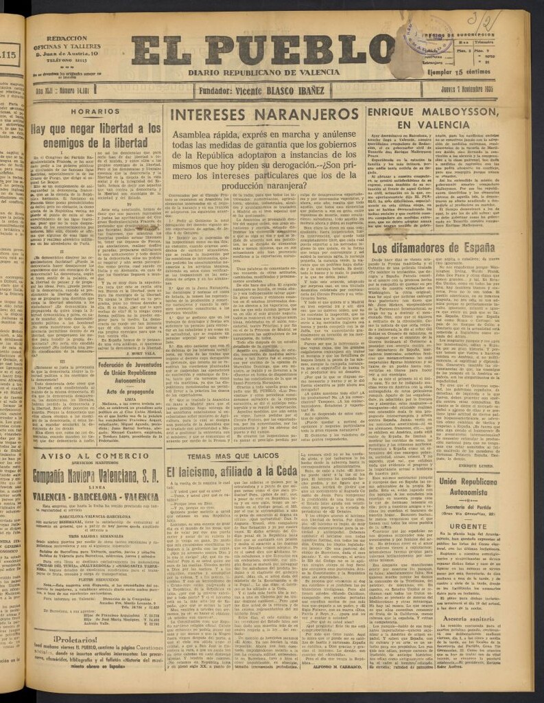 Miniatura de El Pueblo : Diario republicano de Valencia del 7 de noviembre de 1935, nº 14.801