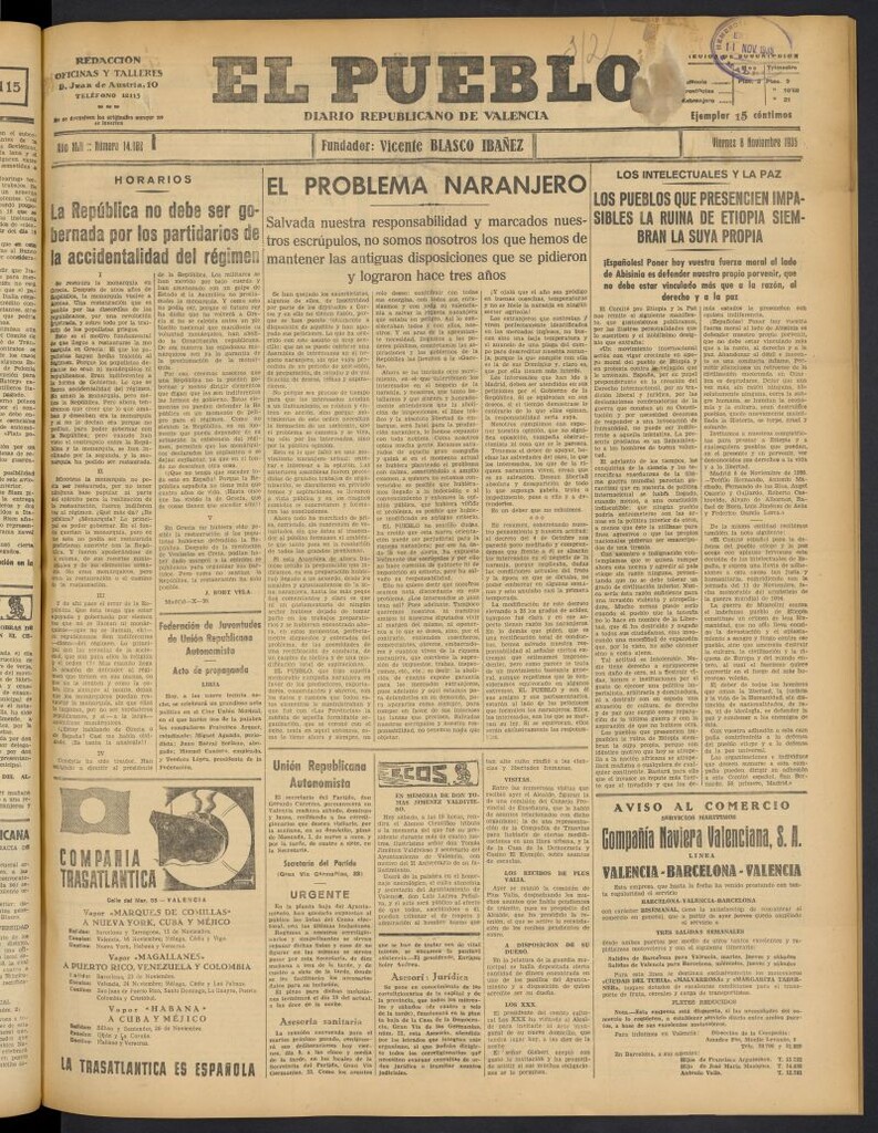 Miniatura de El Pueblo : Diario republicano de Valencia del 8 de noviembre de 1935, nº 14.802