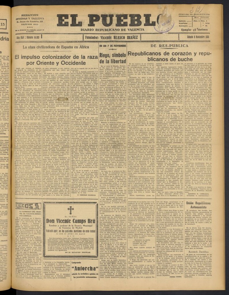Miniatura de El Pueblo : Diario republicano de Valencia del 9 de noviembre de 1935, nº 14.803
