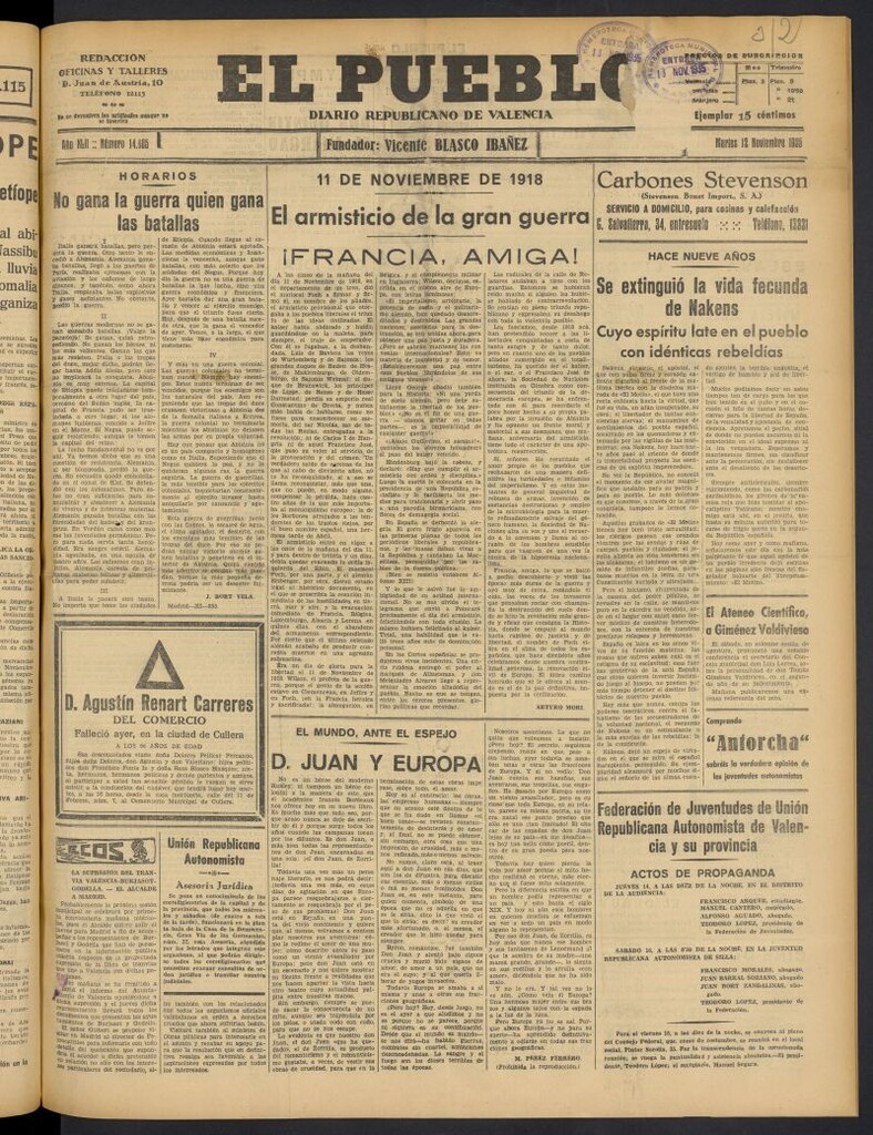 Miniatura de El Pueblo : Diario republicano de Valencia del 12 de noviembre de 1935, nº 14.805