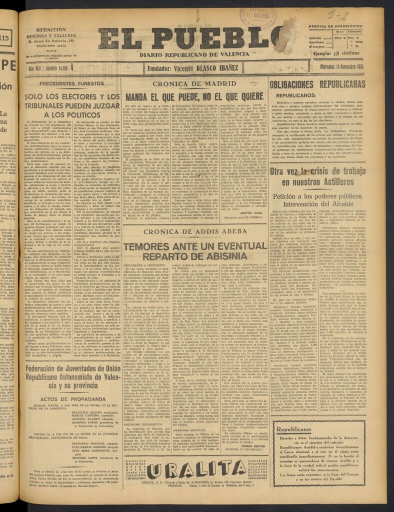 Miniatura de El Pueblo : Diario republicano de Valencia del 13 de noviembre de 1935, nº 14.806
