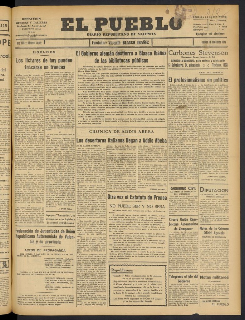 Miniatura de El Pueblo : Diario republicano de Valencia del 14 de noviembre de 1935, nº 14.807
