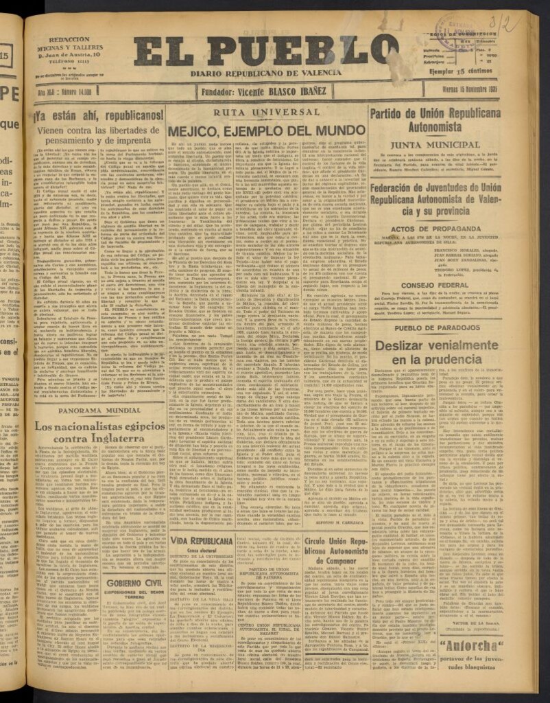 Miniatura de El Pueblo : Diario republicano de Valencia del 15 de noviembre de 1935, nº 14.808