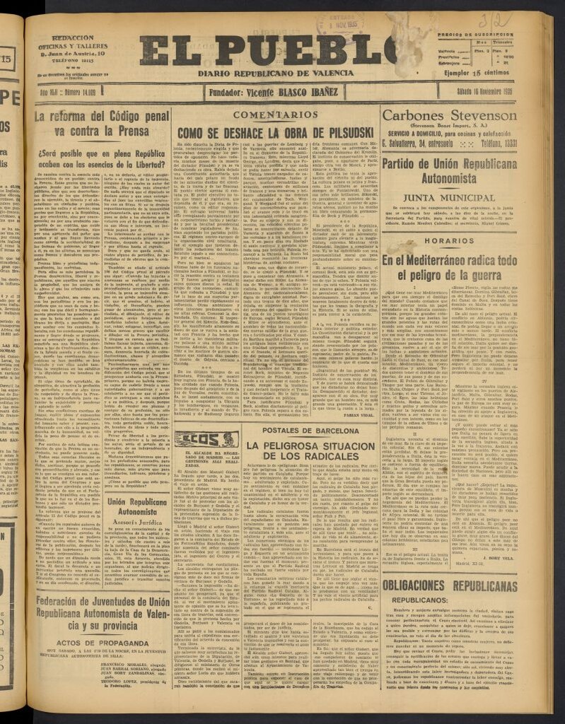 Miniatura de El Pueblo : Diario republicano de Valencia del 16 de noviembre de 1935, nº 14.809