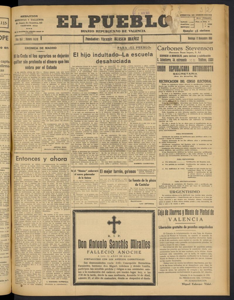 Miniatura de El Pueblo : Diario republicano de Valencia del 17 de noviembre de 1935, nº 14.810