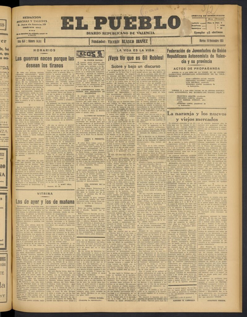 Miniatura de El Pueblo : Diario republicano de Valencia del 19 de noviembre de 1935, nº 14.811