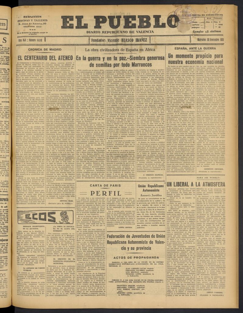 Miniatura de El Pueblo : Diario republicano de Valencia del 20 de noviembre de 1935, nº 14.812
