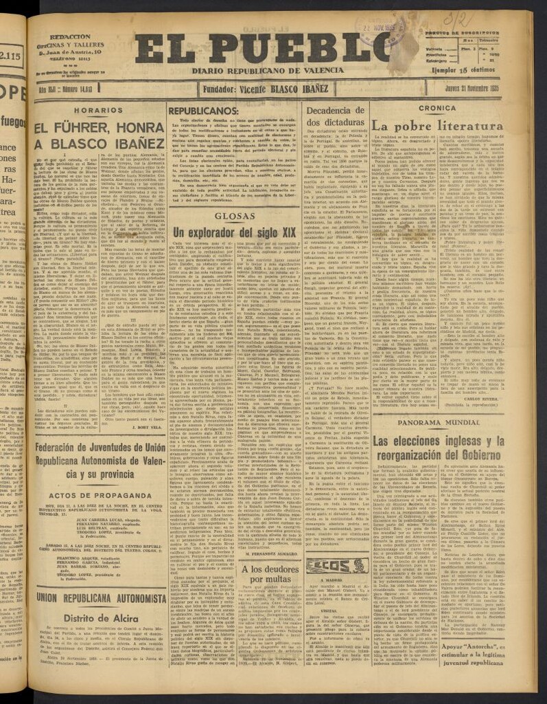 Miniatura de El Pueblo : Diario republicano de Valencia del 21 de noviembre de 1935, nº 14.813