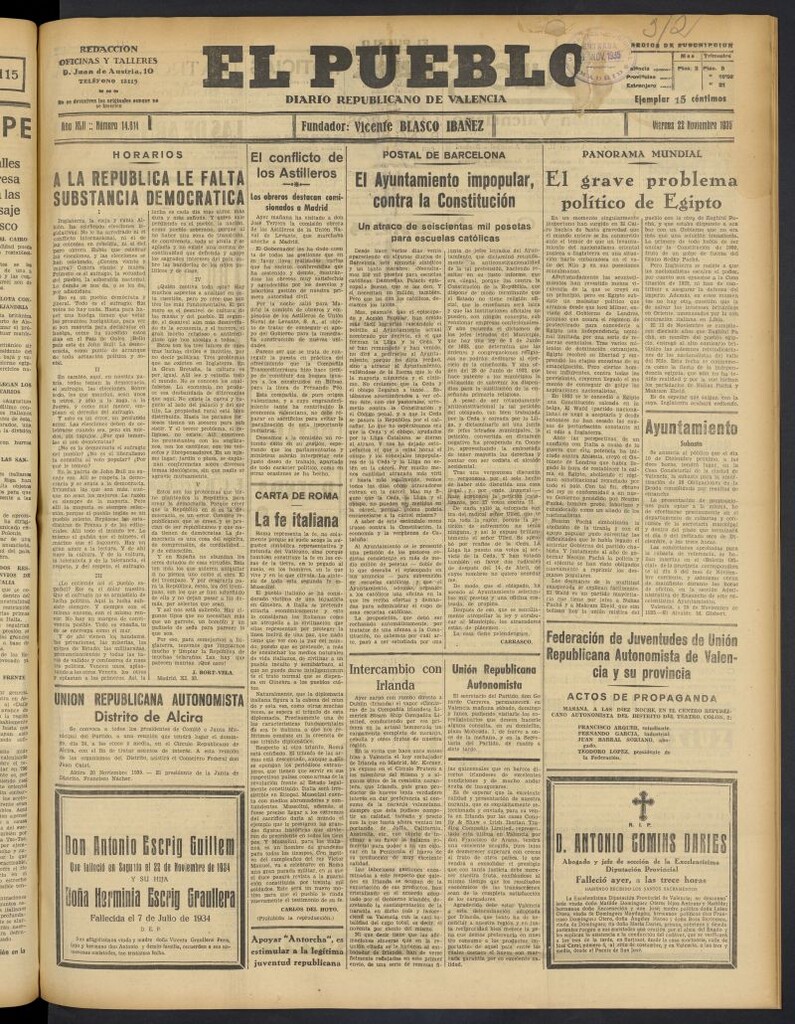 Miniatura de El Pueblo : Diario republicano de Valencia del 22 de noviembre de 1935, nº 14.814