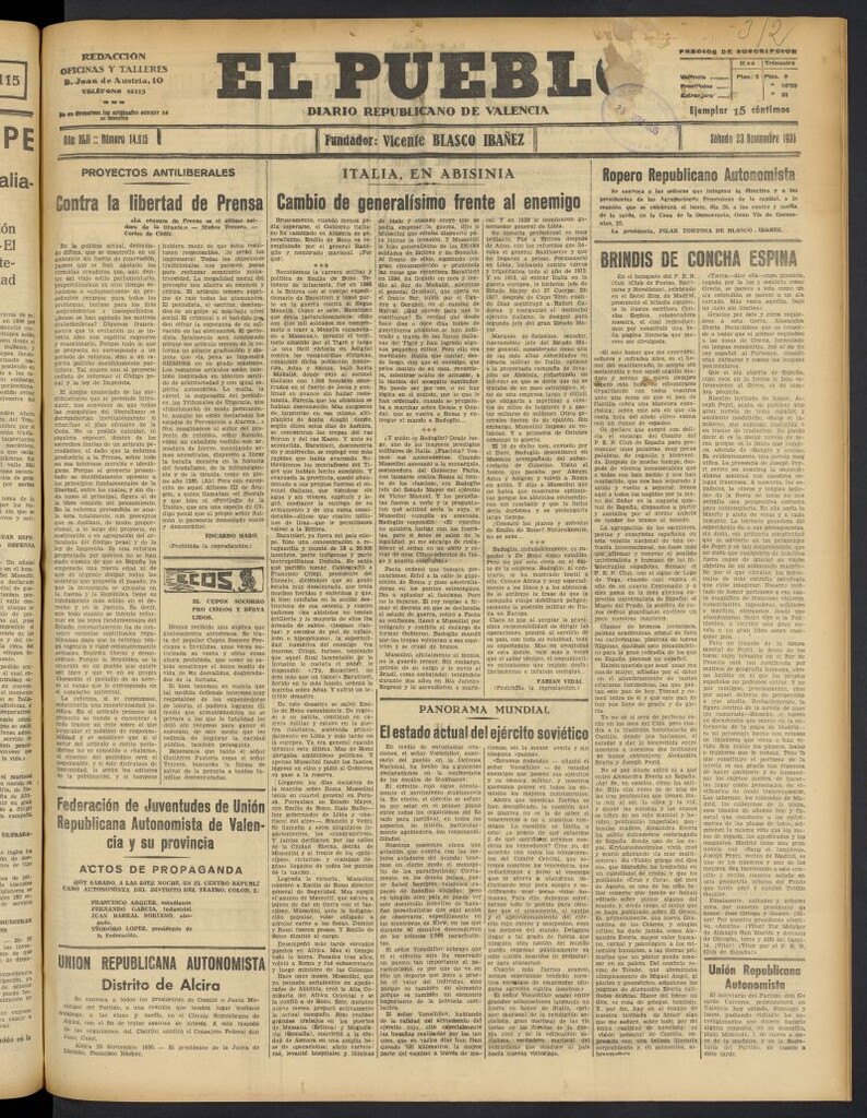 Miniatura de El Pueblo : Diario republicano de Valencia del 23 de noviembre de 1935, nº 14.815