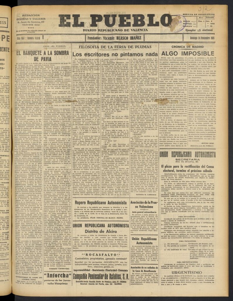 Miniatura de El Pueblo : Diario republicano de Valencia del 24 de noviembre de 1935, nº 14.816