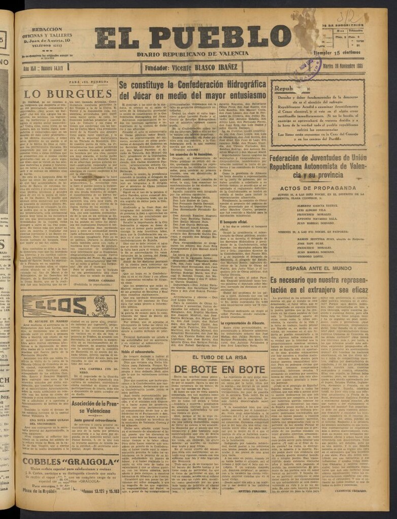 Miniatura de El Pueblo : Diario republicano de Valencia del 26 de noviembre de 1935, nº 14.817