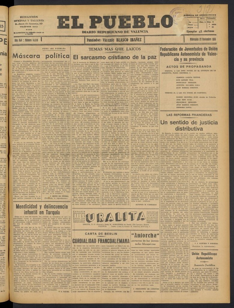 Miniatura de El Pueblo : Diario republicano de Valencia del 27 de noviembre de 1935, nº 14.818