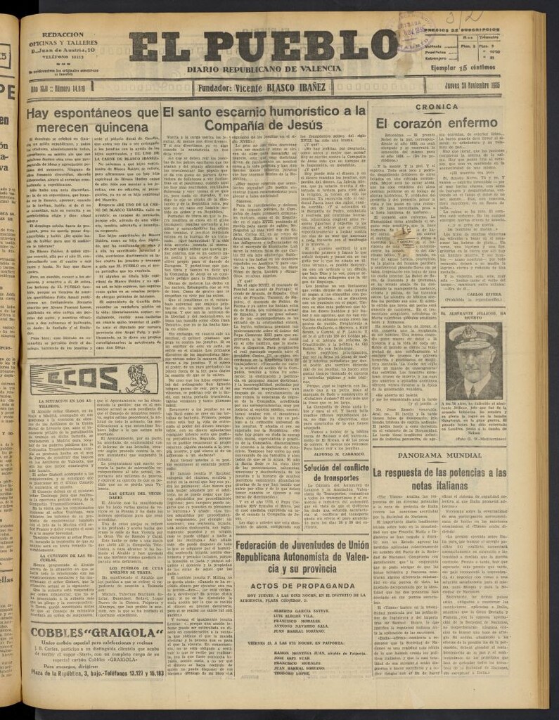 Miniatura de El Pueblo : Diario republicano de Valencia del 28 de noviembre de 1935, nº 14.819