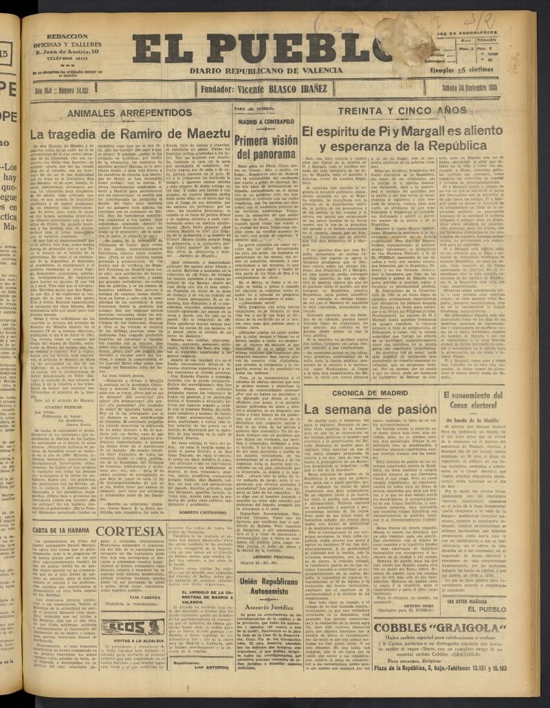 Miniatura de El Pueblo : Diario republicano de Valencia del 30 de noviembre de 1935, nº 14.821