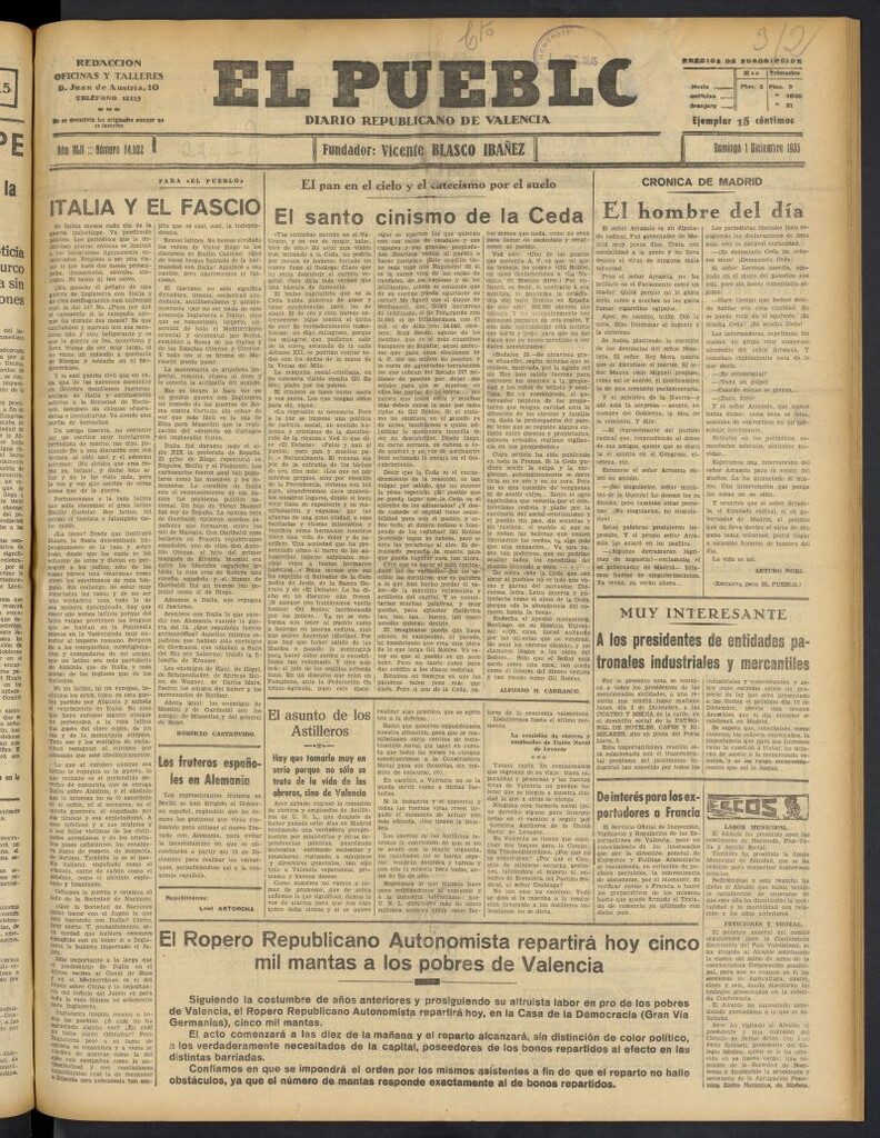 Miniatura de El Pueblo : Diario republicano de Valencia del 1 de diciembre de 1935, nº 14.822