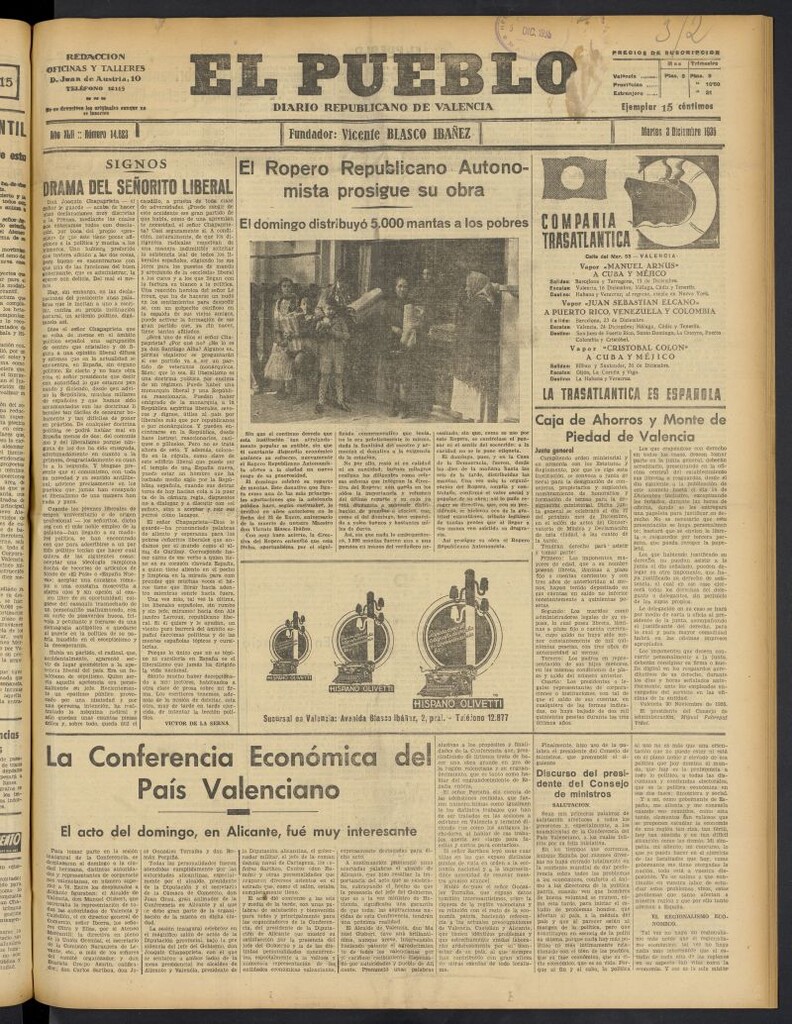 Miniatura de El Pueblo : Diario republicano de Valencia del 3 de diciembre de 1935, nº 14.823