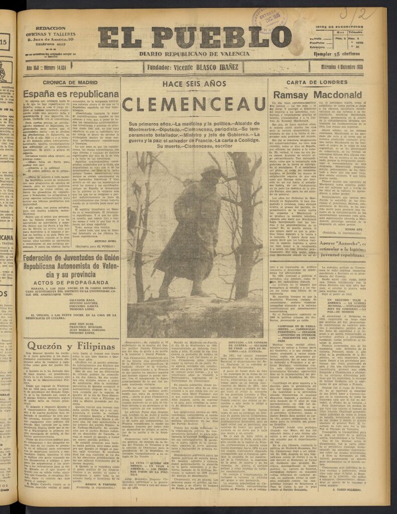 Miniatura de El Pueblo : Diario republicano de Valencia del 4 de diciembre de 1935, nº 14.824