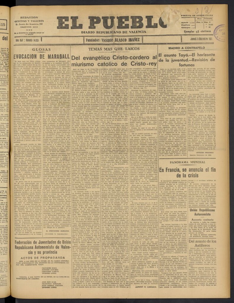 Miniatura de El Pueblo : Diario republicano de Valencia del 5 de diciembre de 1935, nº 14.825