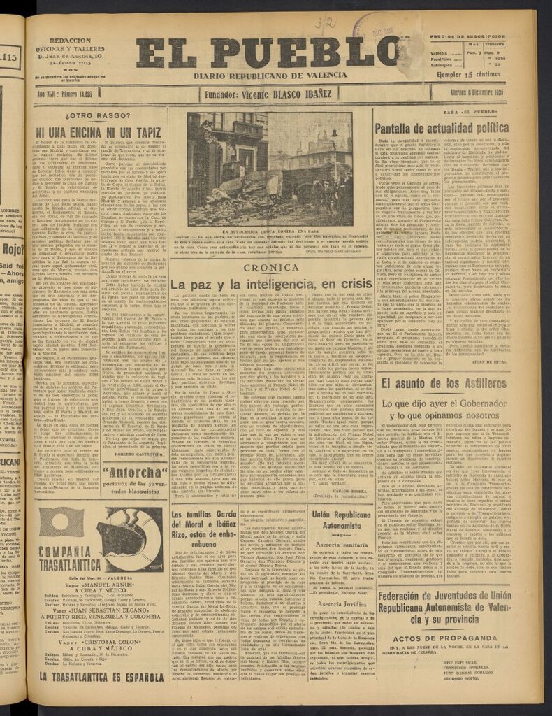 Miniatura de El Pueblo : Diario republicano de Valencia del 6 de diciembre de 1935, nº 14.826