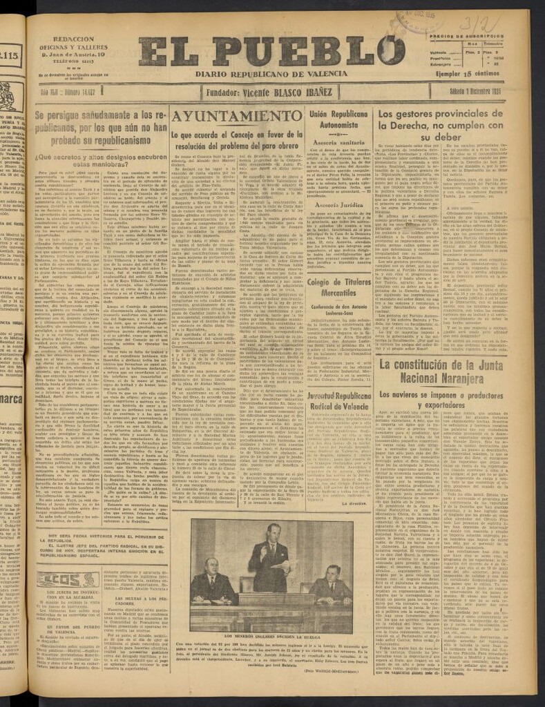 Miniatura de El Pueblo : Diario republicano de Valencia del 7 de diciembre de 1935, nº 14.827