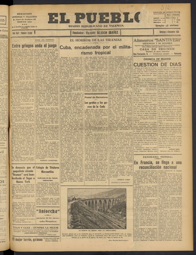 Miniatura de El Pueblo : Diario republicano de Valencia del 8 de diciembre de 1935, nº 14.828