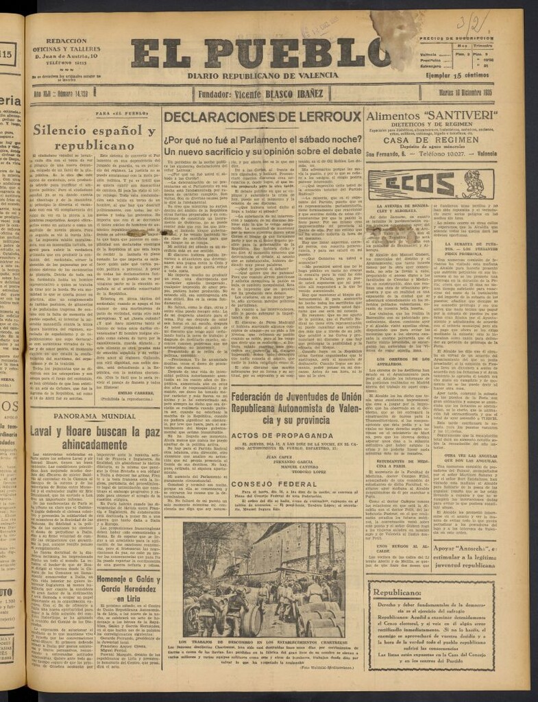 Miniatura de El Pueblo : Diario republicano de Valencia del 10 de diciembre de 1935, nº 14.829